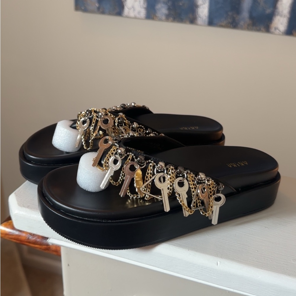 AKIRA Black Platform Slide Sandals with Gold Key Charm Chain